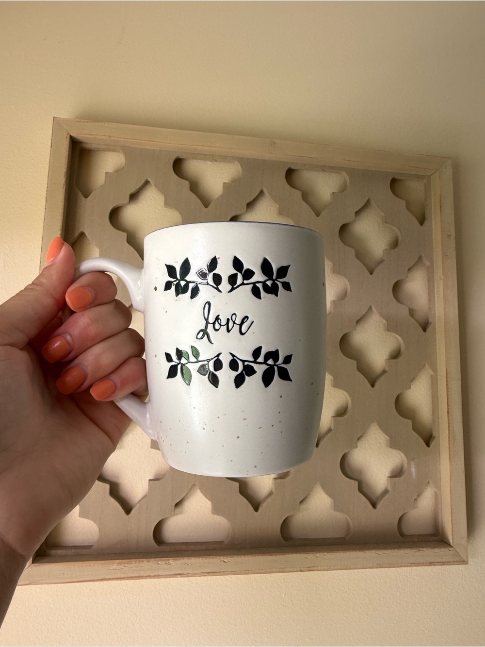 Love Ceramic Coffee Mug in White with Blue Leaf Motif